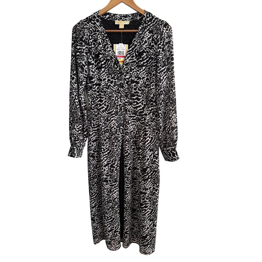 Michael Kors Leopard Print Midi Dress XS Chiffon Black White Mafia Wife Vacation